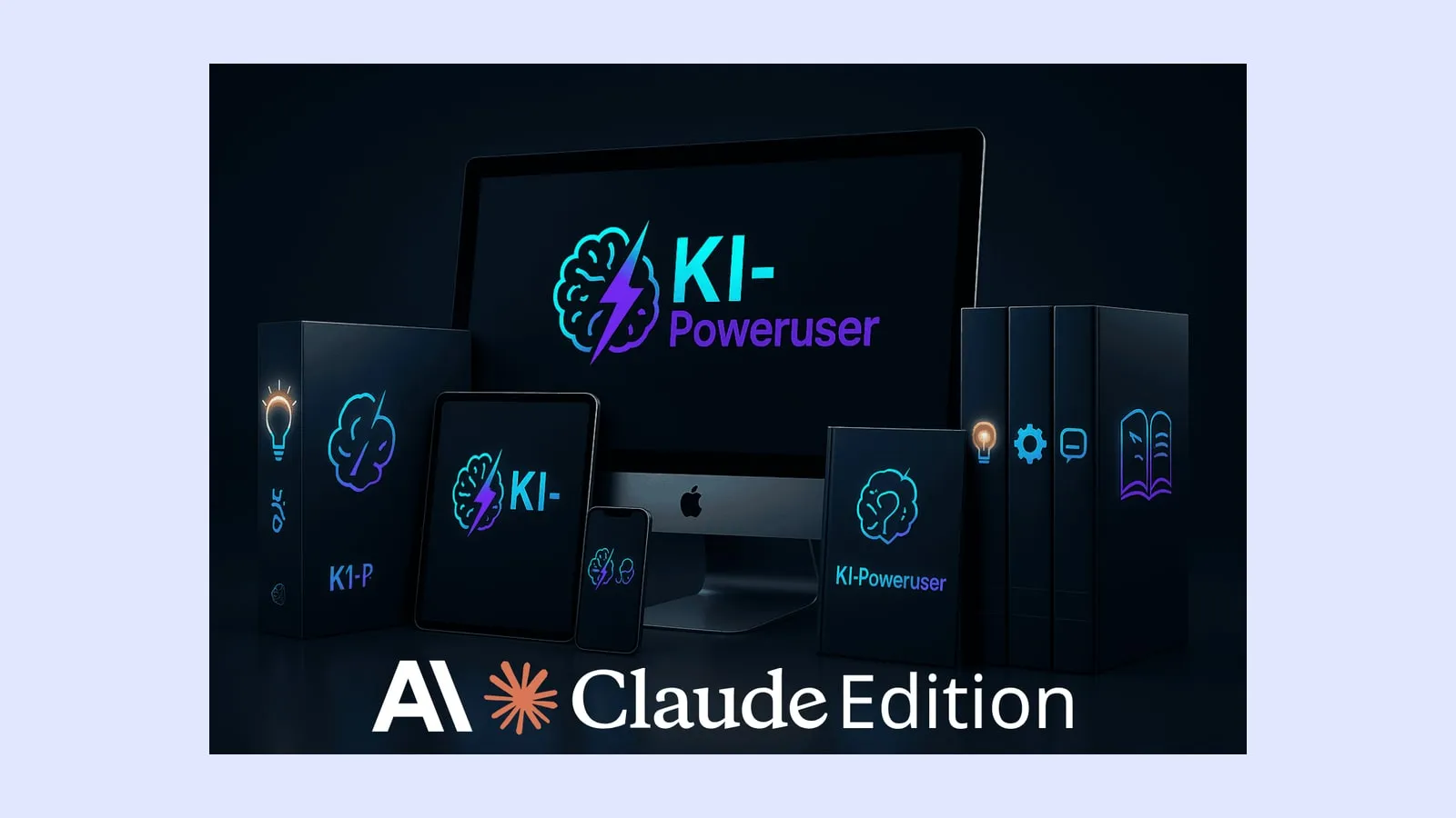 E-Cover der KI-Poweruser Claude Edition von Mario Burgard mit Monitor, Tablet und Kursbox