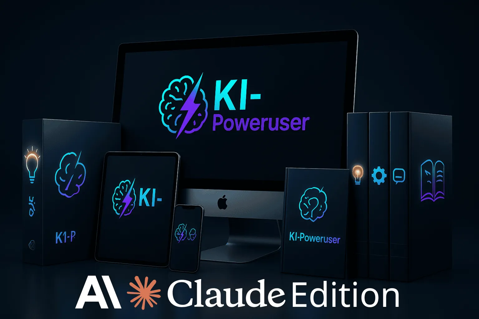 E-Cover der KI-Poweruser Claude Edition mit Monitor, Tablet, Smartphone und Kursbox im dunklen Design