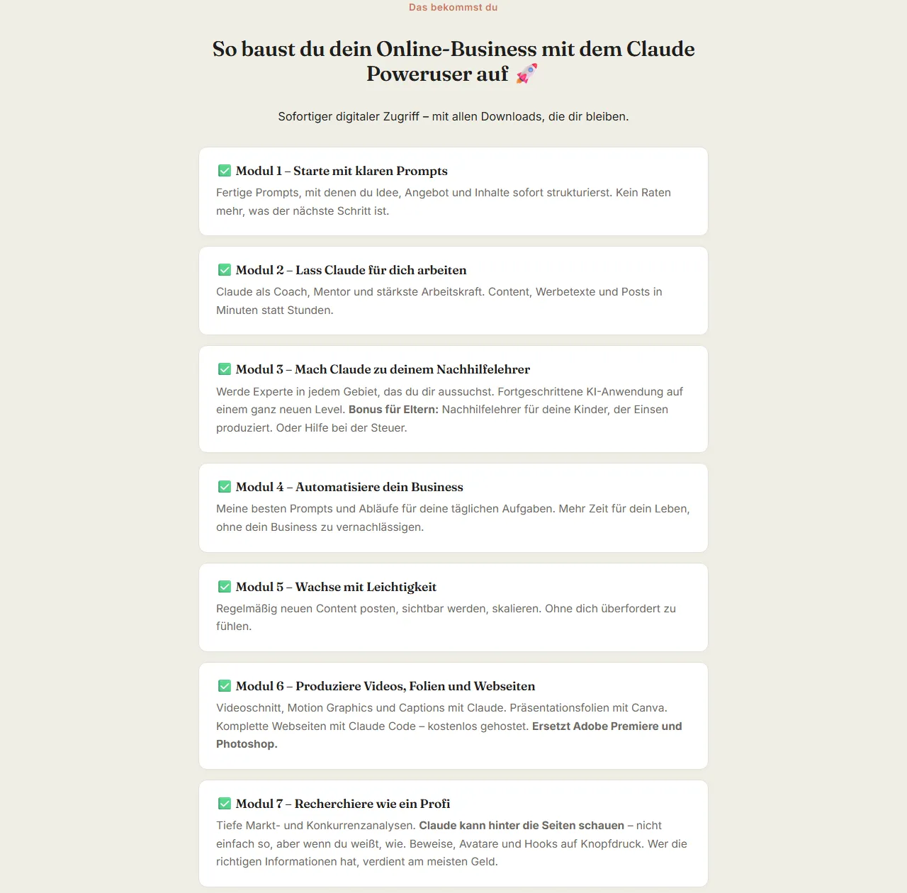 Modulübersicht der KI-Poweruser Claude Edition mit den Modulen 1 bis 7 auf der Kursseite