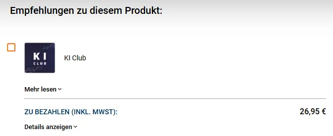 Order-Bump KI Club im Bestellformular von KI Selling mit 26,95 Euro inklusive Mehrwertsteuer