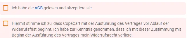 Häkchen zu den AGB und zum Beginn der Vertragsausführung im Bestellformular von KI Selling
