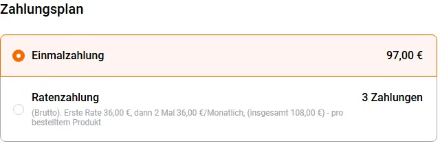 Zahlungsplan im Bestellformular von KI Selling mit Einmalzahlung über 97 Euro und Ratenzahlung in drei Zahlungen zu je 36 Euro