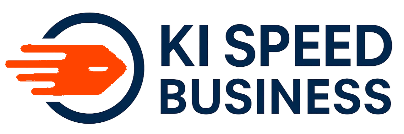 Logo von KI Speed Business mit dunkelblauer Schrift und orangefarbenem Pfeil im Kreis