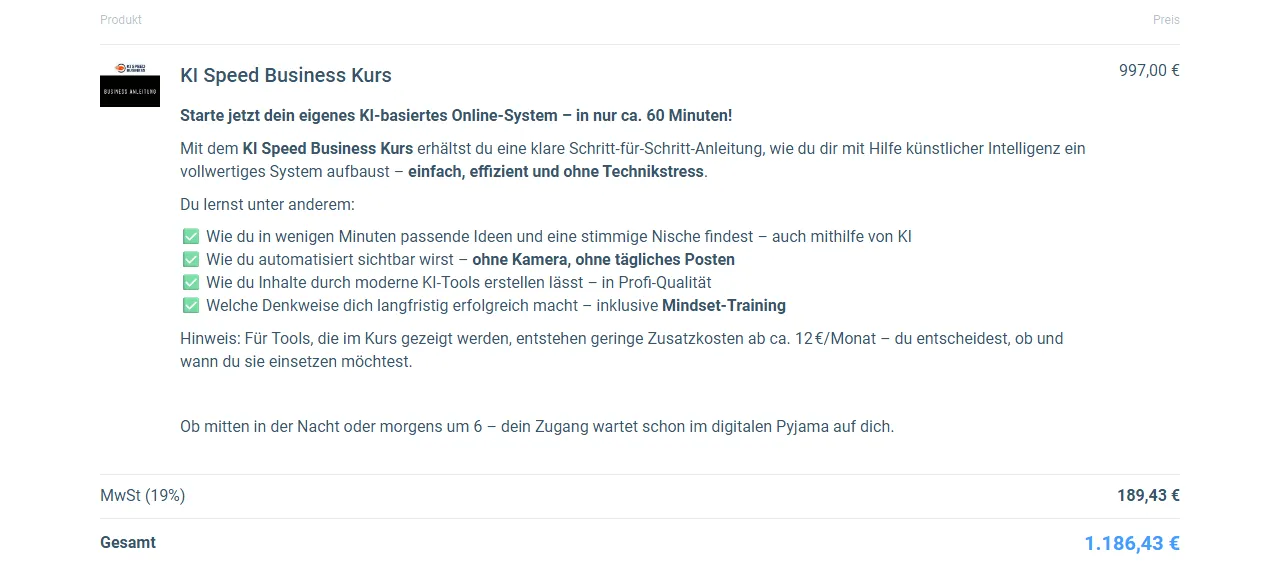 Bestellformular von KI Speed Business mit Kursbeschreibung, 189,43 Euro Mehrwertsteuer und Gesamtpreis 1.186,43 Euro