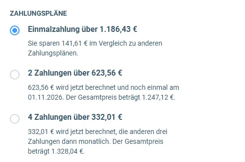 Zahlungspläne von KI Speed Business im Bestellformular mit Beträgen und Gesamtpreisen