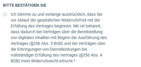 Pflicht-Häkchen im Bestellformular von KI Speed Business: Das Widerrufsrecht erlischt mit Beginn der Ausführung des Vertrages