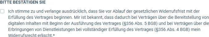 Häkchen im Bestellformular von Money Cashflow 2.0 mit dem Text zum Widerrufsrecht unter der Überschrift Bitte bestätigen Sie