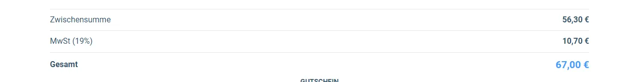 Ausschnitt aus dem Bestellformular von Money Cashflow 2.0 mit Zwischensumme 56,30 Euro, Mehrwertsteuer 10,70 Euro und Gesamtbetrag 67 Euro