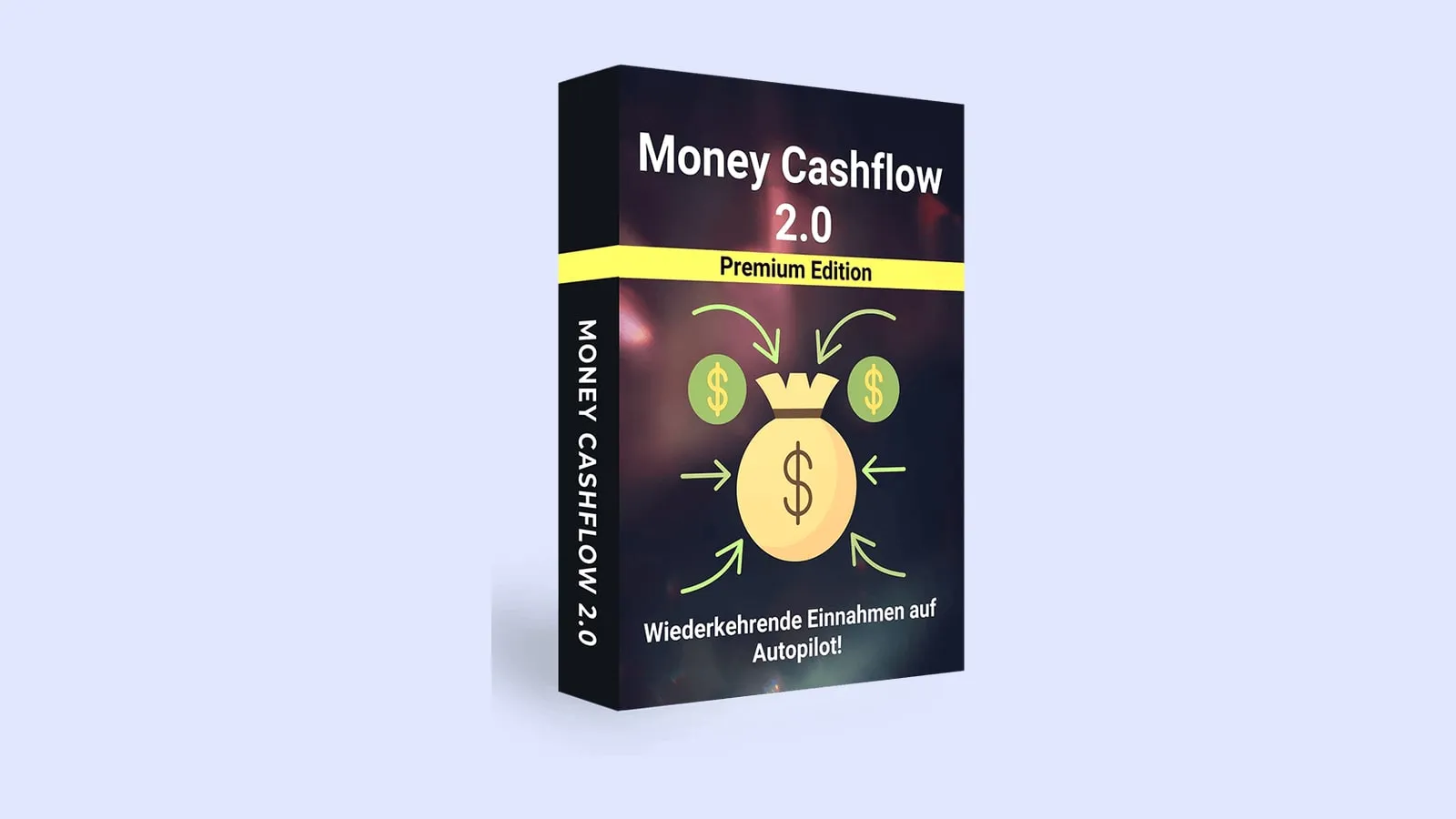Kursbox Money Cashflow 2.0 Premium Edition mit aufgedrucktem Geldsack und Dollarzeichen auf ruhigem Hintergrund