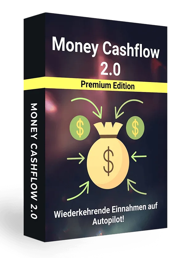 Schwarze Kursbox mit der Aufschrift Money Cashflow 2.0 und der Banderole Premium Edition, auf der Vorderseite ein Geldsack mit Dollarzeichen