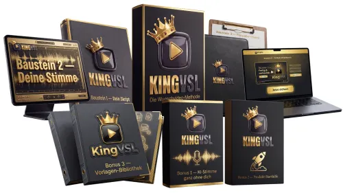 Produktgrafik von KingVSL im Bestellformular mit den Bausteinen Dein Skript, Deine Stimme und Freigabe-Check sowie drei Boni