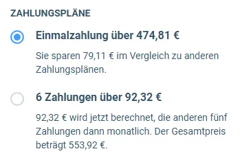 Zahlungspläne im Bestellformular von KingVSL: Einmalzahlung über 474,81 Euro oder sechs Zahlungen über 92,32 Euro