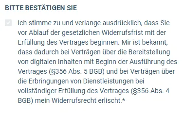 Häkchen zum Widerrufsrecht im Bestellformular von KingVSL mit dem Hinweis, dass das Widerrufsrecht mit Beginn der Ausführung erlischt
