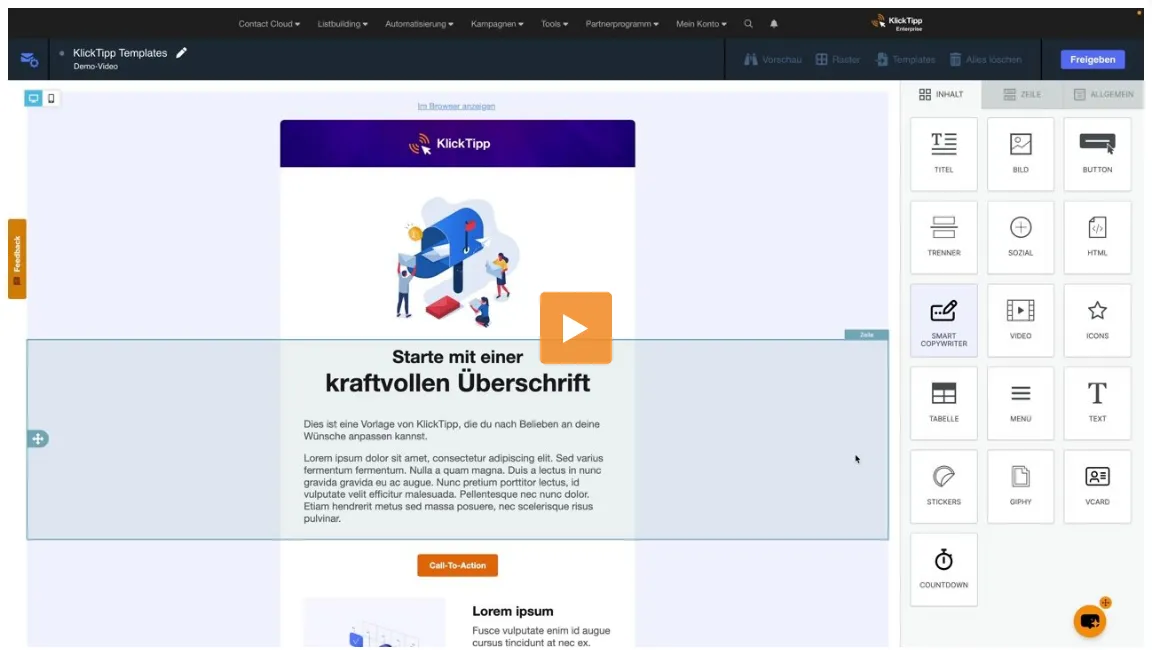 E-Mail-Builder von KlickTipp mit einer Newsletter-Vorlage in der Mitte und Bausteinen wie Titel, Bild, Button und Countdown am rechten Rand