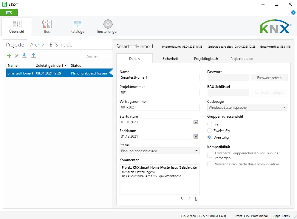 ETS5-Fenster mit dem geöffneten Projekt SmartestHome 1 und dem Kommentar KNX Smart Home Musterhaus