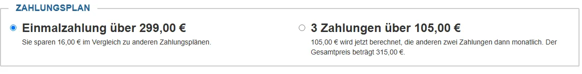Zahlungsplan im Bestellformular mit Einmalzahlung über 299 Euro und drei Zahlungen über 105 Euro