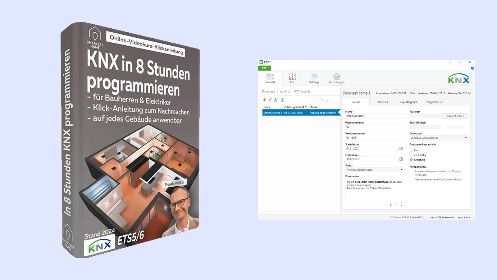 Kursbox KNX in 8 Stunden programmieren neben einem geöffneten ETS-Projekt SmartestHome 1