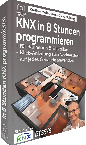 Kursbox des KNX Programmierung Videokurses mit Frank Völkel und einem 3D-Grundriss