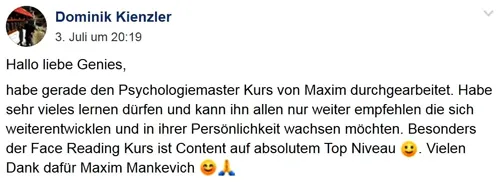 Facebook-Kommentar von Dominik Kienzler, der den Psychologiemaster von Maxim Mankevich durchgearbeitet hat