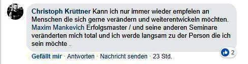 Facebook-Kommentar von Christoph Krüttner, der Maxim Mankevich und seine Seminare weiterempfiehlt