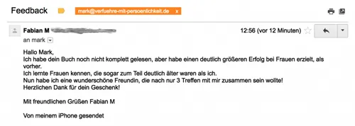 E-Mail von Fabian M an Mark Lambert über deutlich größeren Erfolg bei Frauen und seine neue Freundin