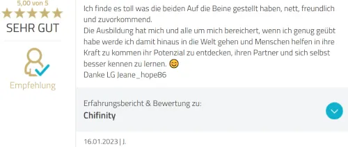 Fünf-Sterne-Bewertung von J.: Die Chifinity Ausbildung hat mich und alle um mich bereichert