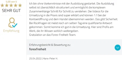 Bewertung von Forex Freiheit mit 5 von 5 Sternen: übersichtlich strukturierte Ausbildung auch ohne Vorkenntnisse