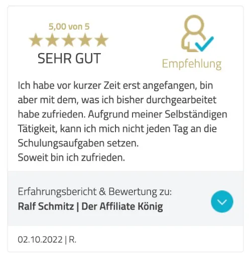 Fünf-Sterne-Bewertung von R. zu den Schulungen von Ralf Schmitz, der Affiliate König