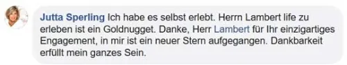 Facebook-Kommentar von Jutta Sperling über ihre Erfahrung mit Dirk-Michael Lambert