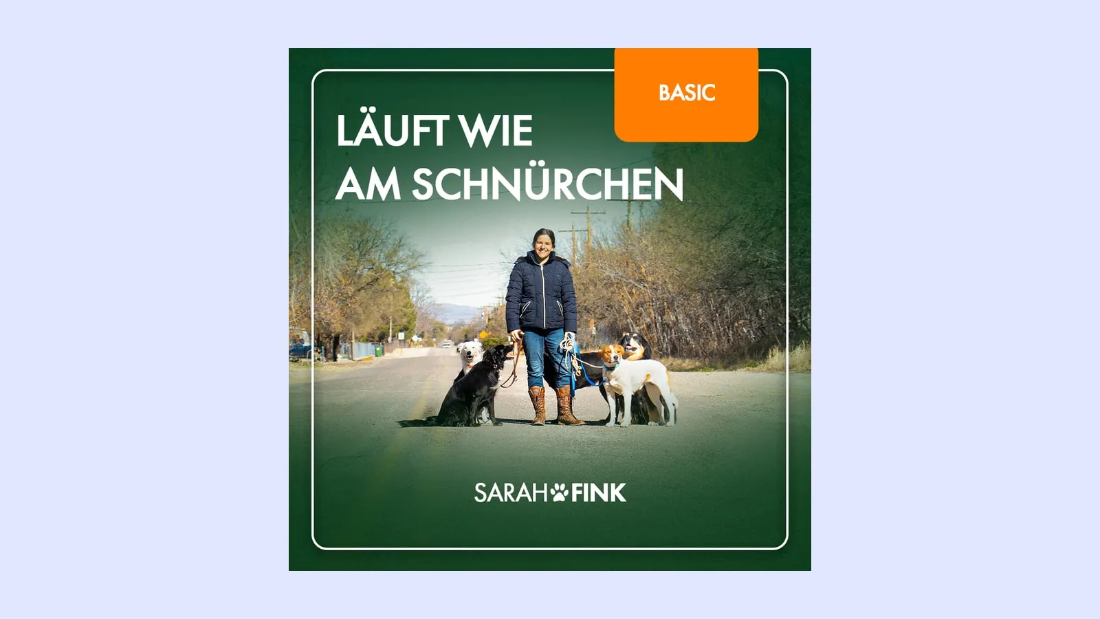 Titelbild von Läuft wie am Schnürchen: Sarah Fink steht mit vier angeleinten Hunden auf einer Landstraße