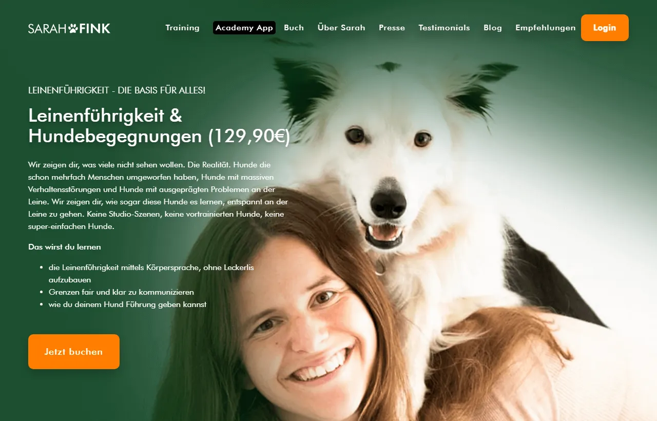 Kopf der Kursseite von Läuft wie am Schnürchen mit Überschrift, Lernzielen und Sarah Fink mit weißem Hund