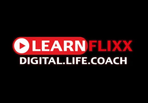 Logo von Learnflixx Digital.Life.Coach in Rot und Weiß auf schwarzem Hintergrund