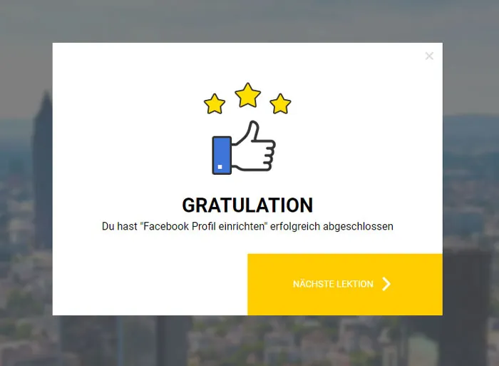 Gratulations-Fenster nach einer abgeschlossenen Lektion im Mitgliederbereich der Wunschkunden Formel