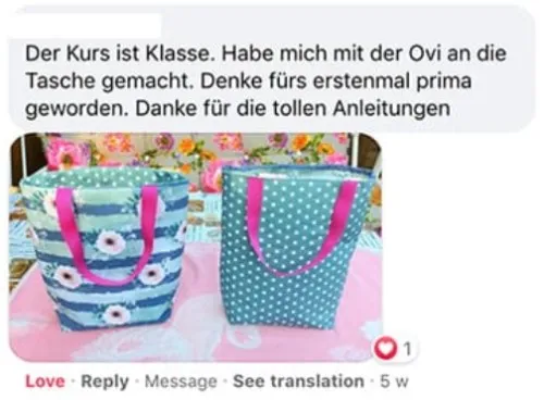 Facebook-Kommentar mit Foto zweier genähter Taschen: Der Kurs ist Klasse, danke für die tollen Anleitungen