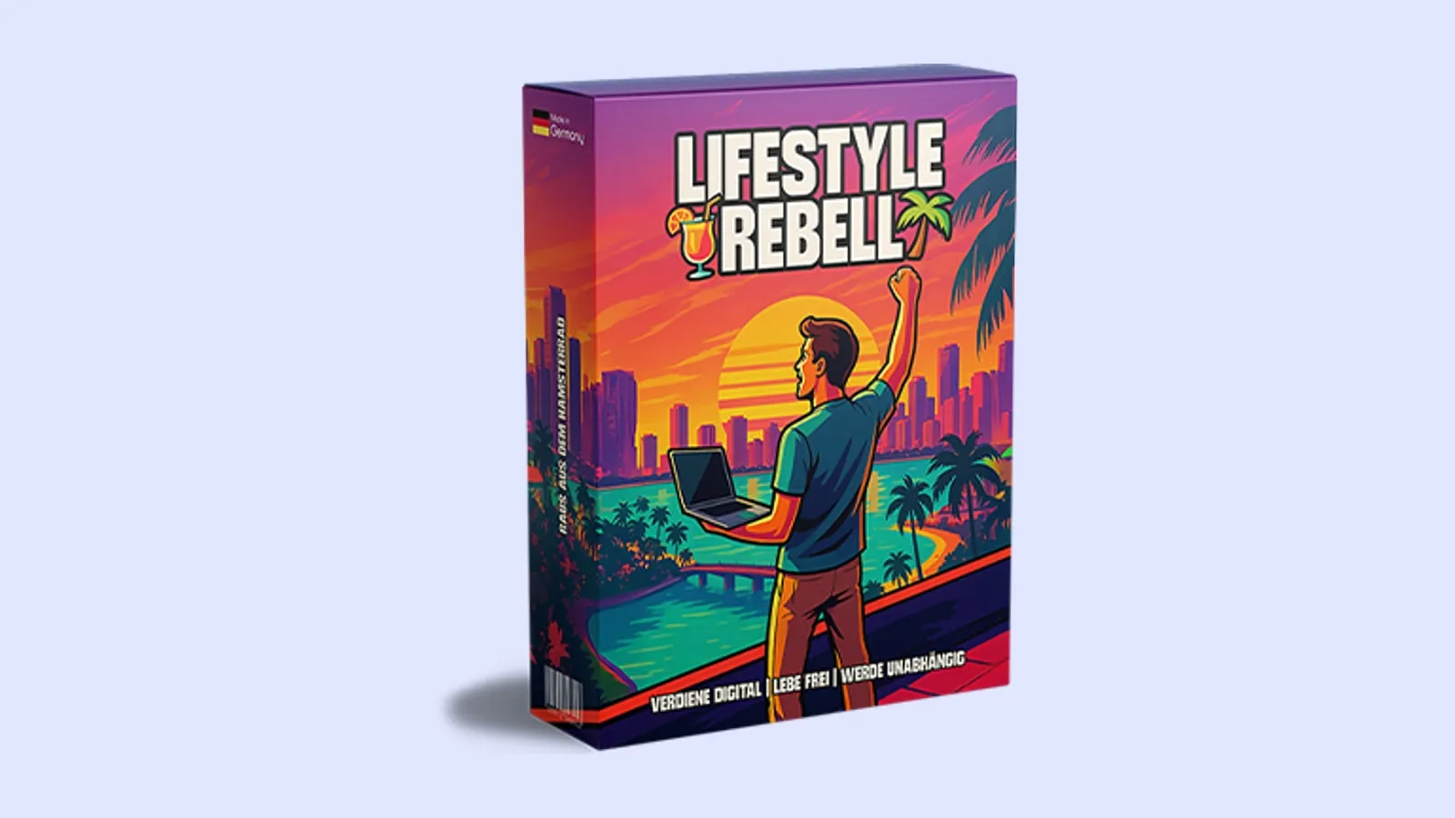 Produktbox von Lifestyle Rebell mit einem Mann, der vor einer Palmenkulisse einen Laptop hält