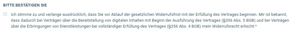 Text des Pflicht-Häkchens im Bestellformular von Lifestyle Rebell zum Start vor Ablauf der Widerrufsfrist