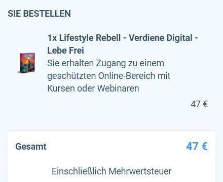 Bestellübersicht von Lifestyle Rebell mit 47 Euro einschließlich Mehrwertsteuer