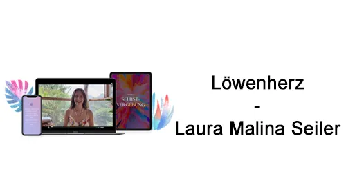 Laptop, Tablet und Smartphone mit dem Löwenherz-Kurs neben dem Schriftzug Löwenherz – Laura Malina Seiler