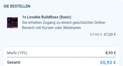 Bestellübersicht der Lovable BuildBoxx Basic mit 47,00 Euro, 8,93 Euro Mehrwertsteuer und 55,93 Euro Gesamtbetrag