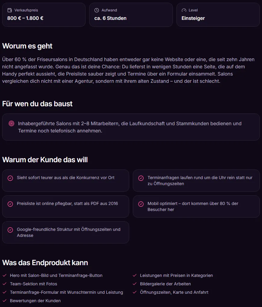 Projektseite Friseursalon Website mit Verkaufspreis, Aufwand, Level, Zielkunde und Funktionen des Endprodukts