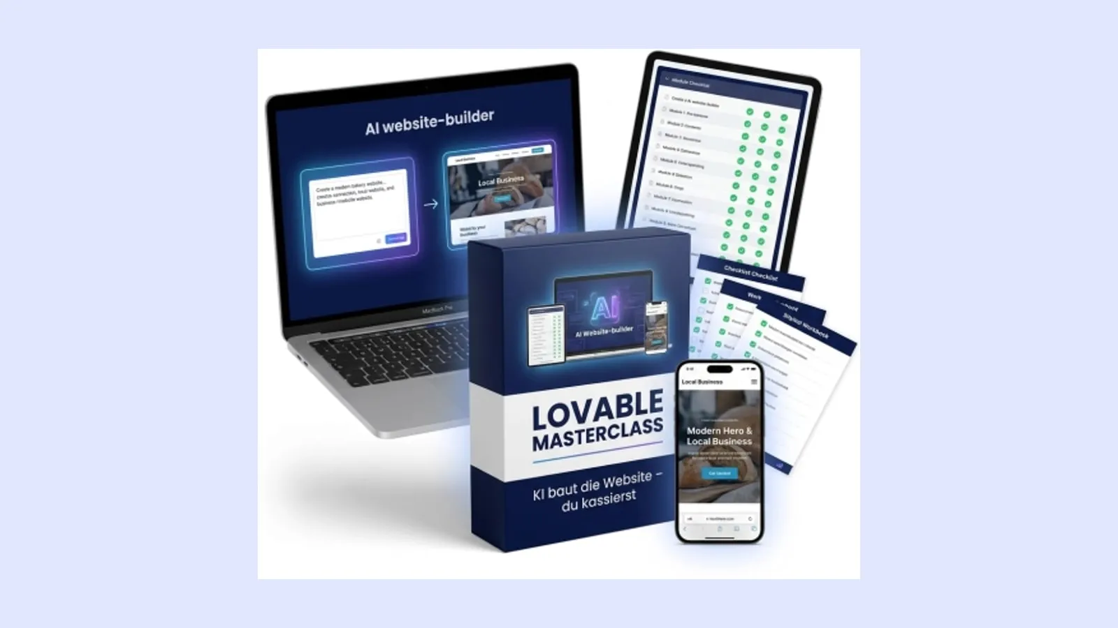 Produktbox der Lovable Masterclass von Ralf Schmitz mit Laptop, Tablet und Smartphone auf hellem Hintergrund
