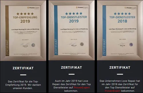 Drei ProvenExpert-Zertifikate von Love-Repair als Top-Empfehlung und Top-Dienstleister 2018 und 2019