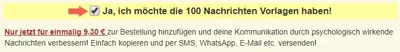 Checkbox auf dem Bestellformular: Ja, ich möchte die 100 Nachrichten Vorlagen für 9,30 € haben