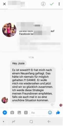 Screenshot einer Nachricht an Josie: Ex nach einem Neuanfang dank Love-Repair Strategie wieder zusammen