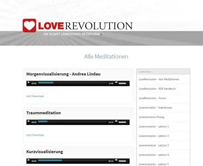 Seite mit allen Meditationen im Love Revolution Kurs, darunter Morgenvisualisierung von Andrea Lindau