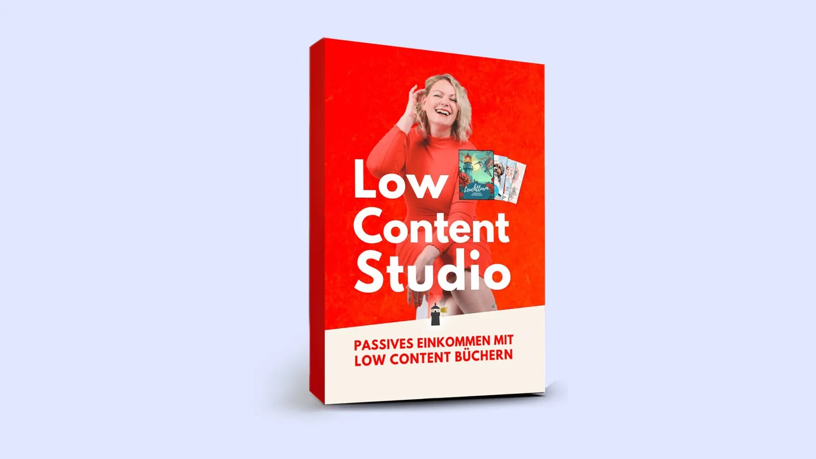 Kursbox des Onlinekurses Low Content Studio von JyotiMa Flak mit Leuchtturm-Ausmalbuch und weiteren Buchcovern