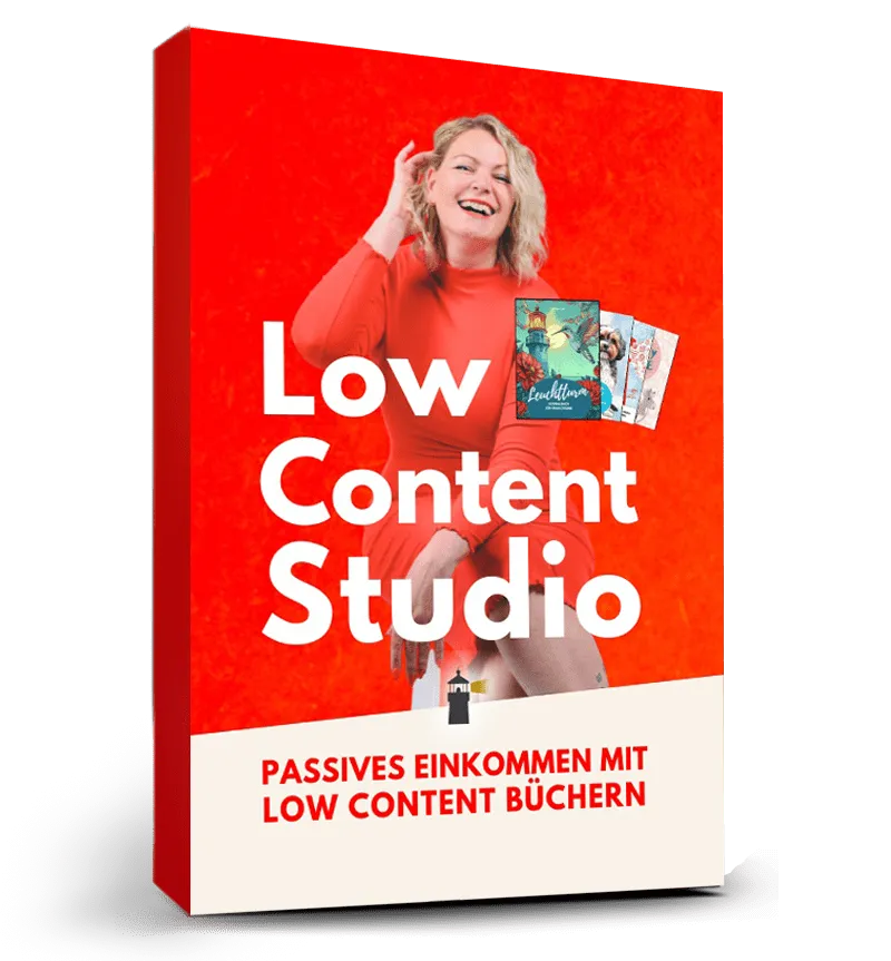 Kursbox des Low Content Studio mit JyotiMa Flak im roten Kleid und einem Fächer aus Buchcovern