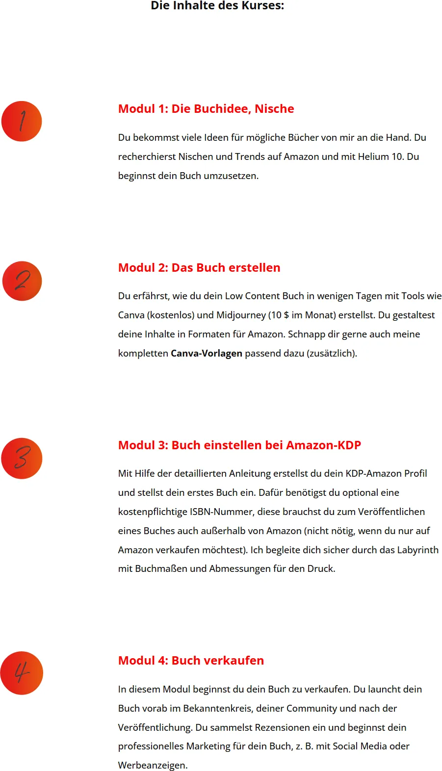 Modulübersicht der Kursseite mit den vier Modulen Die Buchidee, Das Buch erstellen, Buch einstellen bei Amazon-KDP und Buch verkaufen