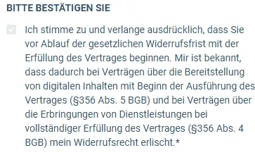 Bestätigungstext im Bestellformular des Low Content Studio zum Beginn vor Ablauf der Widerrufsfrist