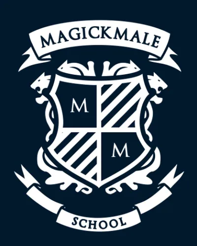 Weißes Magick Male School Wappen auf dunkelblauem Hintergrund